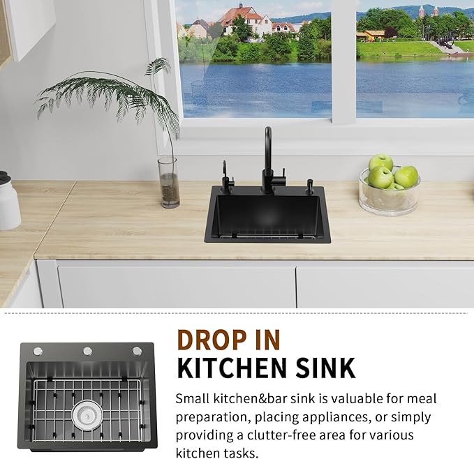 Black 19.7x15.7 Inch Kitchen And Bar Sink - Stainless Steel Drop In Small Single Bowl Kitchen Sink Come With Bottom Grid, Colander And Drain Assembly Set Ideal Choice For Small Spaces Kitchen&Bar