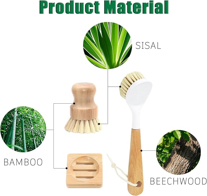 JouiiSiYa Bamboo Vegetable Brush Set, Natural Bristle Dish Brush with Holder, Eco Friendly Soft Dish Scrubber Kitchen Brush for Dishes