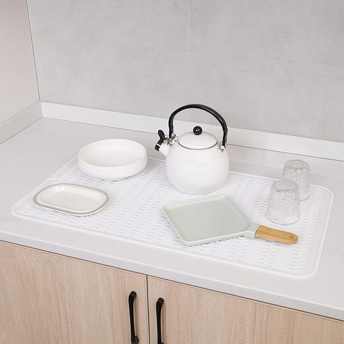 MicoYang Silicone Dish Drying Mat for Multiple Usage,Easy clean,Eco-friendly,Heat-resistant Silicone Mat for Kitchen Counter or Sink,Refrigerator or Drawer Liner White 4XL 32 inches x 18 inches