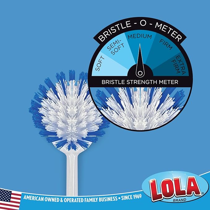 Dish Brush Scrubber for Kitchen, 2 Pack, by LOLA, Has Stiff Bristles & Food Scraper, Comfort No-Slip Grip Handle, Safe for Non-Stick & Coated Cookware