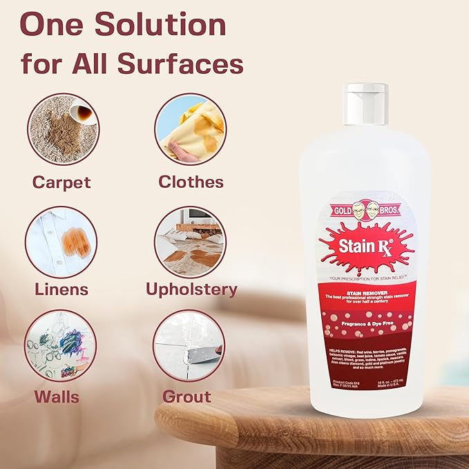 Stain Rx Stain Remover, Effectively Eliminates Stains from Wine, Berries & Blood on Colorfast Fabrics, Carpets, Upholstery & Jewelry, Fragrance & Dye-Free, Bleach-Free, Peroxides & Phosphates, 16 oz