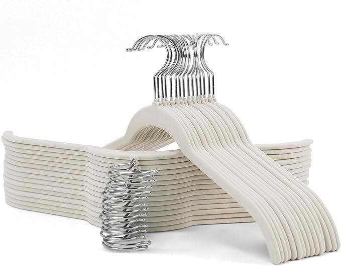 Sishynio 30 Pack Velvet Hangers for Clothes – Non-Slip Slim Flocked Shirt Hangers with 360° Swivel Hook, Space-Saving Felt Hanger for Coats, Sweaters, Tops, Blouses(Beige)