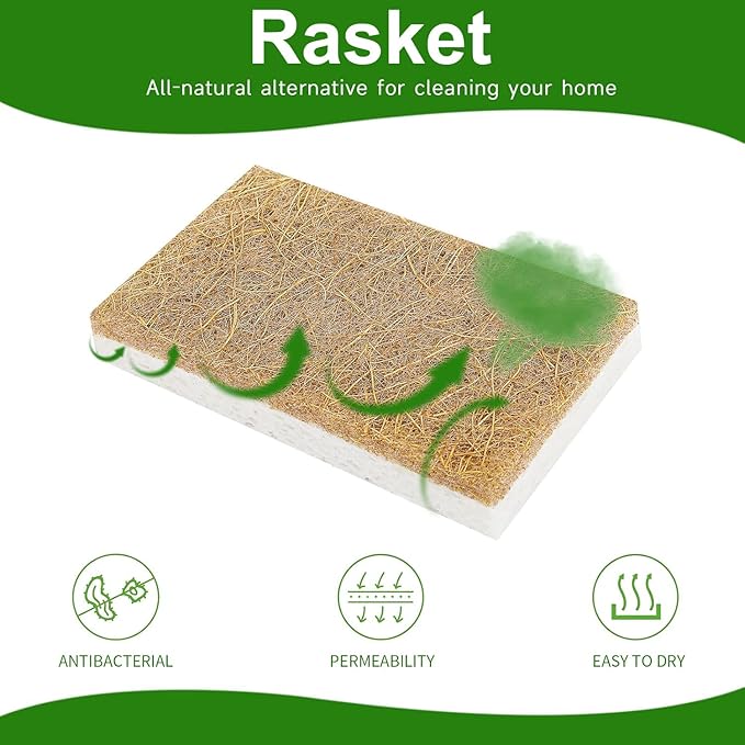 Rasket 10 Pack Biodegradable Natural Sponges Kitchen - Compostable Cellulose and Coconut Walnut Scrubber Sponge - Eco Friendly Sponges for Dishes