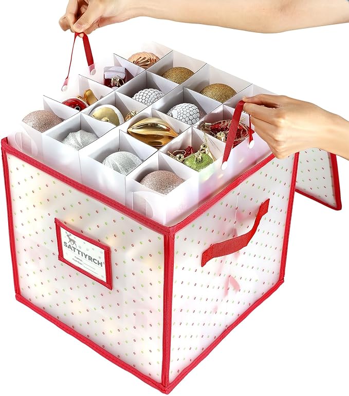 Sattiyrch Plastic Christmas Ornament Storage Box with Trays,Customizable Dividers, Dust-Proof Durable Ornament Organizer Holder,Christmas Storage Containers,Holds 64 x 3 Ornaments