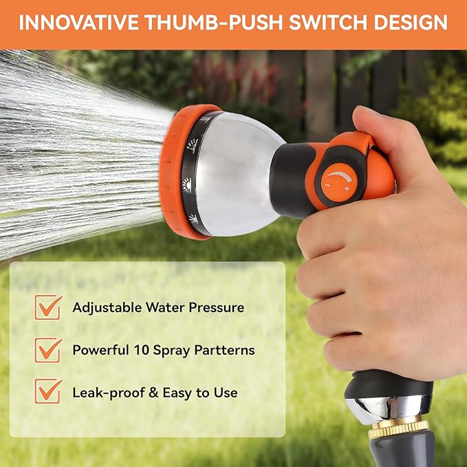 AnyEasy Garden Water Hose Nozzle Metal Heavy Duty Sprayer Thumb Control with 10 Spray Modes Suitable for Watering Plants, Iawn and Garden, Car Washing, Cleaning, Showering Pets and Outdoor Fun, Orange
