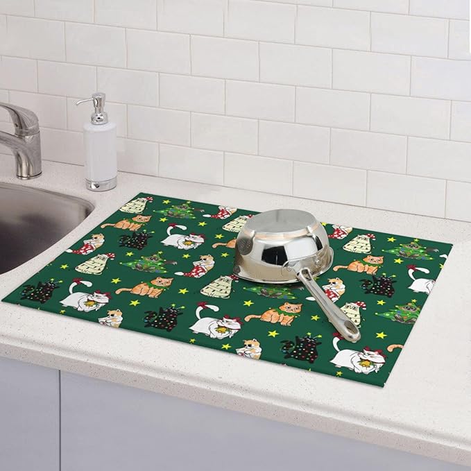 Cute Christmas Cat Dish Drying Mat 18 x 24 Inch for Kitchen Counter Cute Kitchen Mat Microfiber Kitchen Countertop Absorbent Reversible Drainer Rack Pad Dish Drying Mat