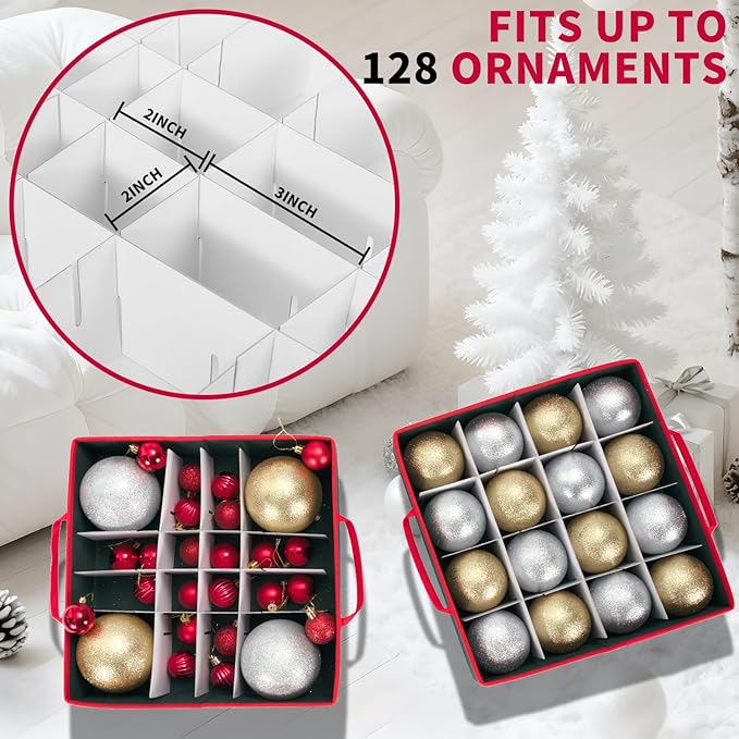 Large Christmas Ornament Storage Box With Adjustable Dividers,Ornament Storage Container with 8 Removable Trays for 128 Holiday Decorations,Green