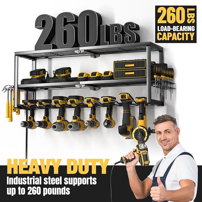 YYR Heavy Duty Power Tool Organizer with Charging Station, Cordless Drill Hanger Storage Rack, Battery Tools Holder Wall Mount Shelf for Garage - 32 Inch Equipped with Surge Protection Power Strip