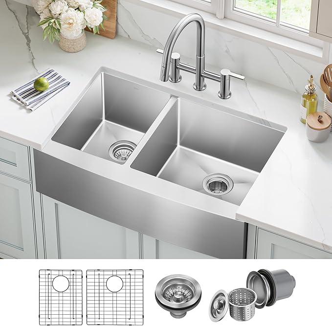 Kraus KHF204-33 Standart PRO Kitchen Stainless Steel Sink, 16 Gauge, 33" Undermount Round Apron 40/60 Double Bowl Kitchen Sink
