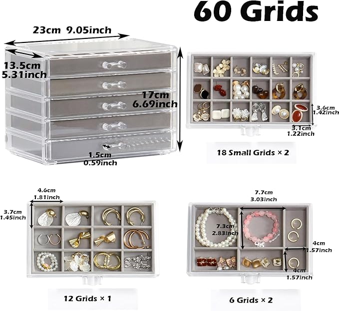 Jewelry Organizer with 5 Drawers Clear Acrylic Earring Display Case Velvet Jewelry Storage Box Display Holder for Earring Ring Bracelet Necklace (Gray, 60 Grids)