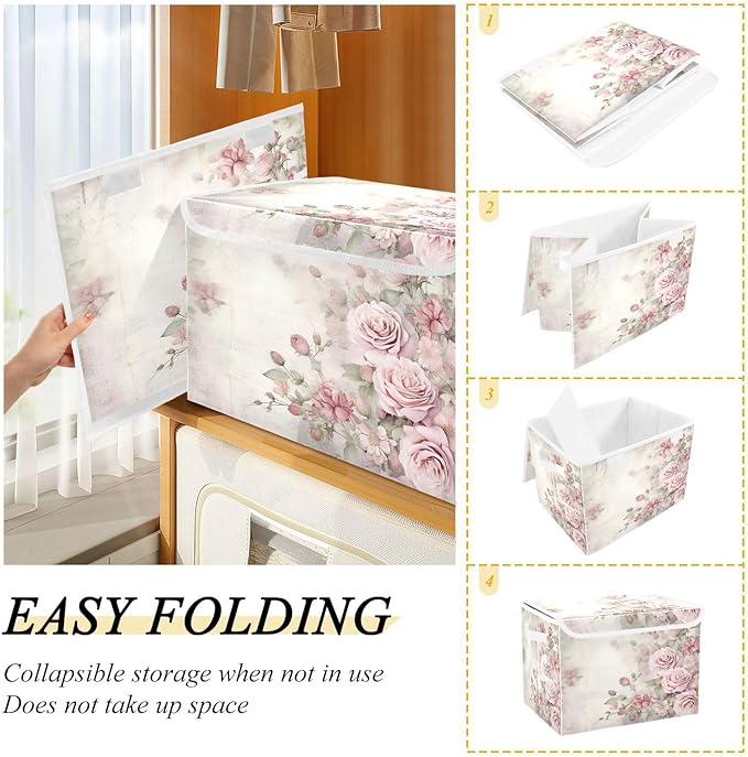 senya Flower Baskets Collapsible Storage Bins with Lids, Vintage Pink Rose Storage Boxes Clothes Baskets for Organizing, B06D22020