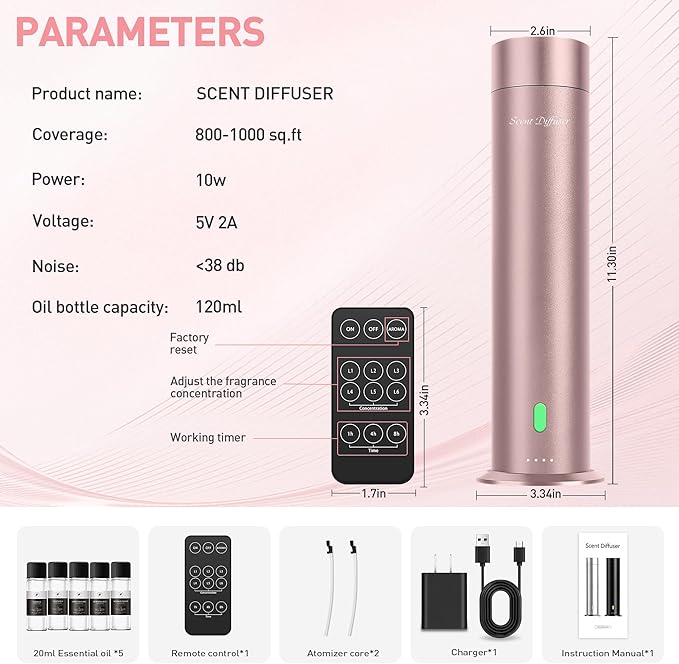 Waterless Scent Diffuser Starter Kit - 1000 Sq Ft Coverage, Hotel Scent Diffuser, Essential Oil Diffuser Large Room, Included 5 Scent Oils, Remote Control, Rosepink