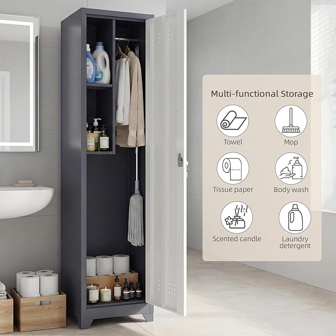 65"H Slim Broom Storage Cabinets, Metal Lockable Storage Cabinet with Single Door, Utility Cabinet for Brooms and Mops, Cleaning Storage Cabinet with Hanging Rod & S-Hooks for Bathroom, Garage