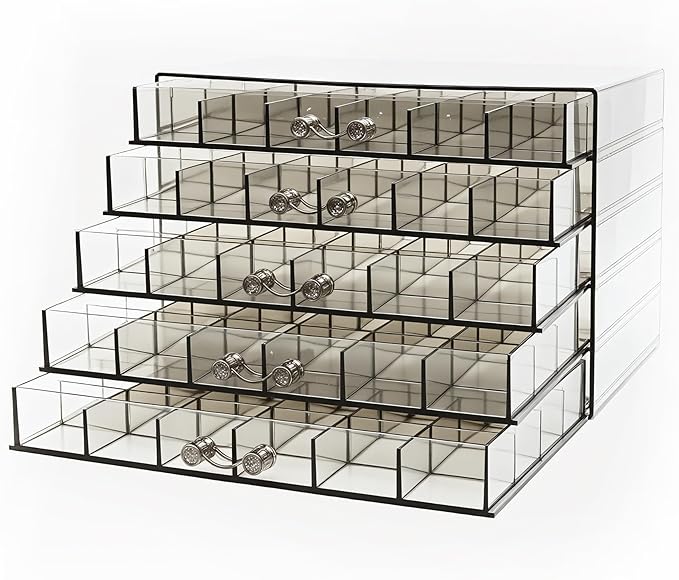 Clear Grey Acrylic Jewelry Storage Box, Earring Jewelry Organizer with 5 Drawers, 5-Layer Jewelry Box for Women, Earring Display Holder for Earrings Ring Bracelet Necklace, 120 Grid Storage Box