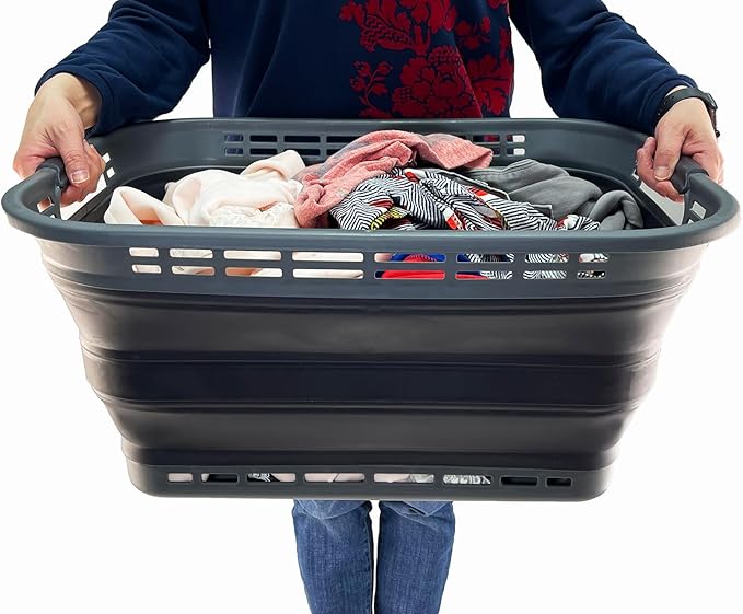 SAMMART 42L (11 Gallons) Collapsible Plastic Laundry Basket - Foldable Pop Up Storage Container/Organizer - Portable Washing Tub - Space Saving Hamper/Basket [BPA Free] (Grey/Nive Iron)