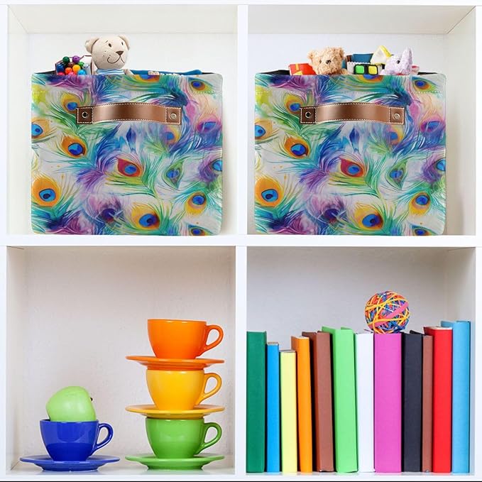ALAZA Peacock Watercolor Foldable Storage Box Storage Basket Organizer Bins with Handles for Shelf Closet Living Room Bedroom Home Office 2 Pack