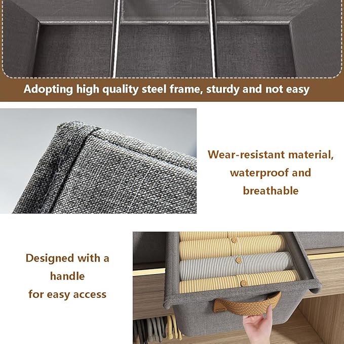 4PCS Foldable Storage Box with Lid - Extra Large Fabric Closet Organizer for Clothes, 18.5x11x7.9 Inch Canvas Bin, Collapsible Design for Bedroom, Shelf, Closet, Underbed (Grey)