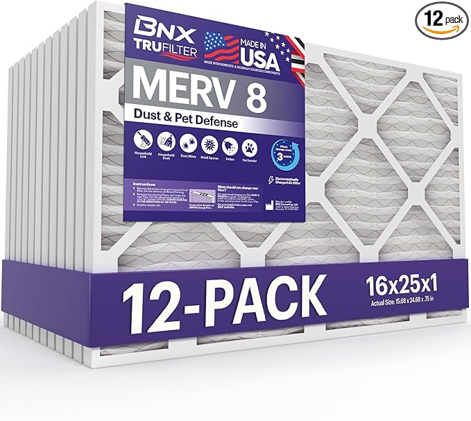 BNX TruFilter 16x25x1 Air Filter MERV 8 (12-Pack) - MADE IN USA – Dust & Pet Defense Electrostatic Pleated Air Conditioner HVAC AC Furnace Filters for Dust, Pet, Mold, Pollen MPR 600 – 700 & FPR 5