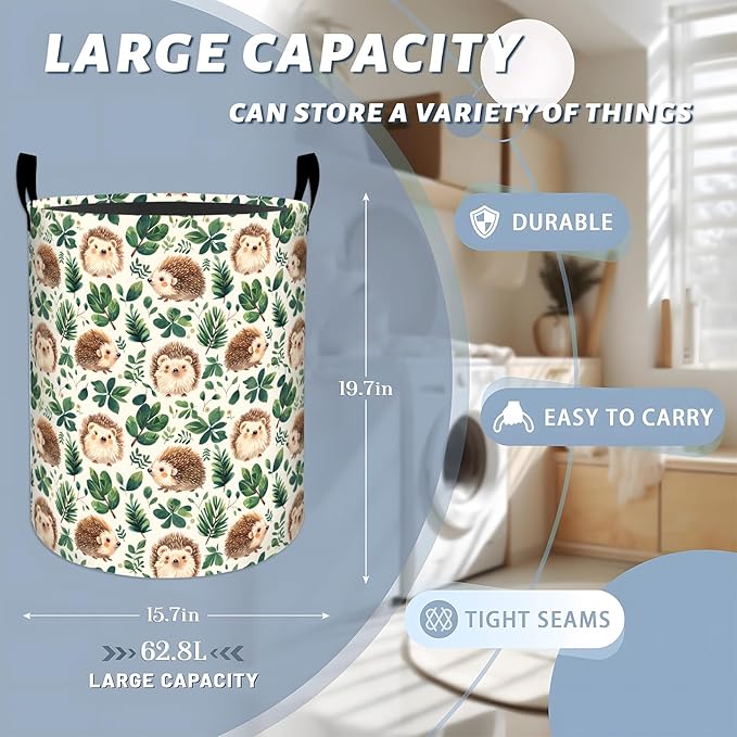 Cute Hedgehog with Green Leaf Laundry Basket with Handles, 19.7"x15.7" Clothes Foldable Forest Animal Laundry Hamper Organizer for Dorm Nursery Bedroom Bathroom Decor, Toy Storage Bin for Kids
