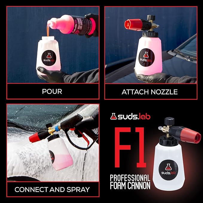 Suds Lab F1 Professional Foam Cannon with 32 Ounce Canister, Adjustable Foam Nozzle, Quick Connect for Pressure Washer - Perfect for Car Washing