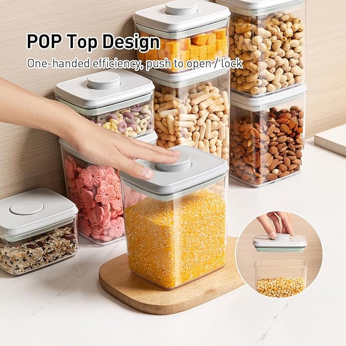 EQI Airtight Food Storage Containers,1.3Qt 3Pcs Pop Food Containers with Lids, Stackable One Button Opening Kitchen Pantry Organizers and Storage, BPA-Free Food Containers Set for Snacks Candy Spices