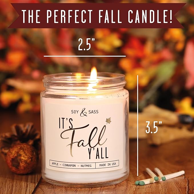 Fall Candles - 'It's Fall Yall' Candle w/Apple Cinnamon & Nutmeg I Infused with Essential Oils I Autumn Scented Candles I Cozy Cute Décor Gifts I 9oz Jar I 50Hr Burn I Made in USA