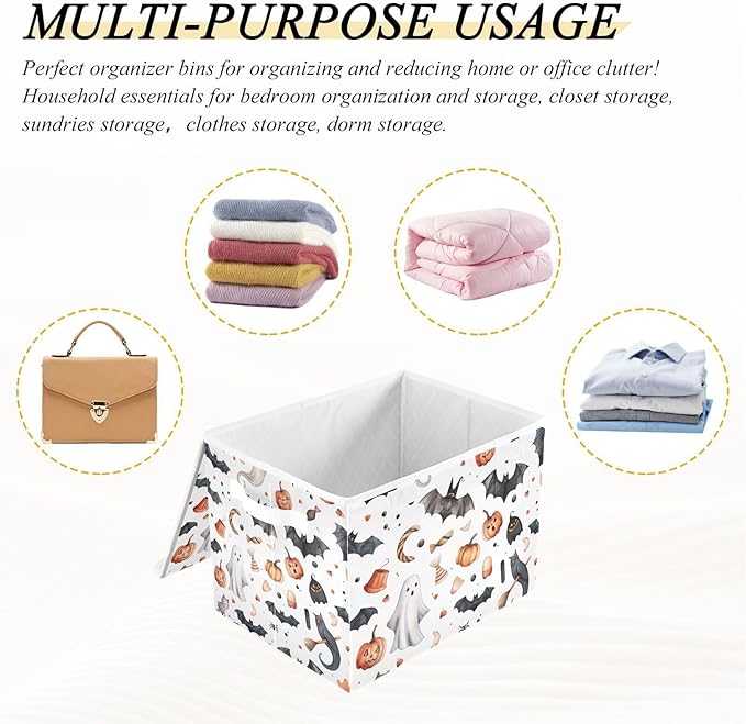 Halloween Baskets Collapsible Storage Bins with Lids, Bats Pumpkins Halloween Storage Boxes Clothes Baskets for Organizing