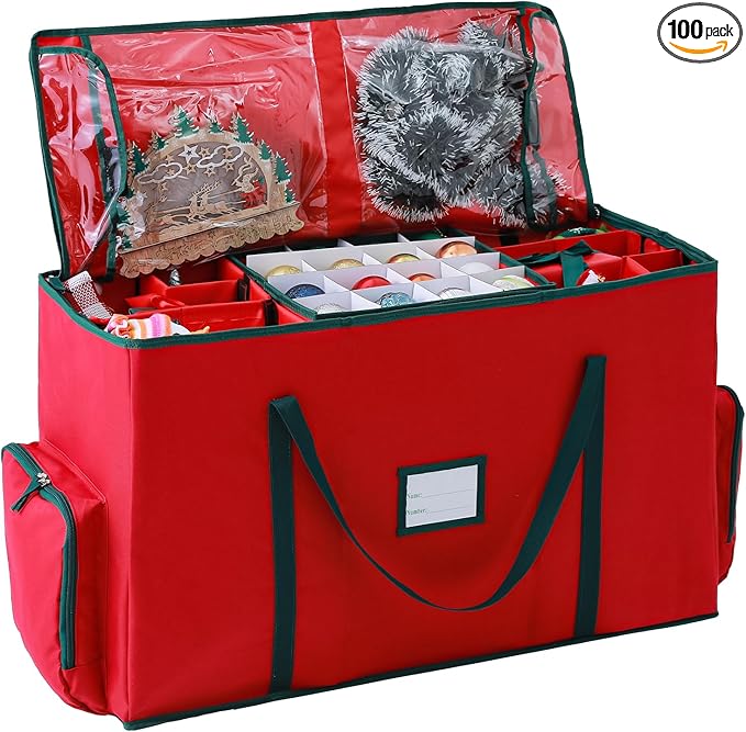 2-In-1 Christmas Decoration Ornament Organizer Box， Movable Pallet Santas Bags Ornament Storage Containers, Holds 73 Holiday Ornaments, Adjustable Space For Figurines And Pockets For Decoration