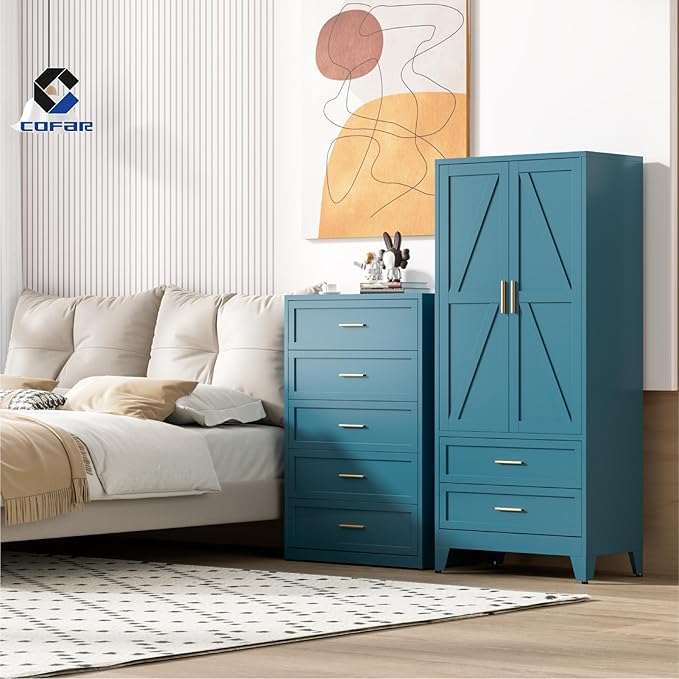 COFaR Metal Wardrobe Closet with Doors, 71'' Tall Farmhouse Bedroom Armoires with Drawers and Hanging Rod, Freestanding Steel Wardrobe Cabinet Coat Closet for Bedroom Home Office Garage, Peacock Blue