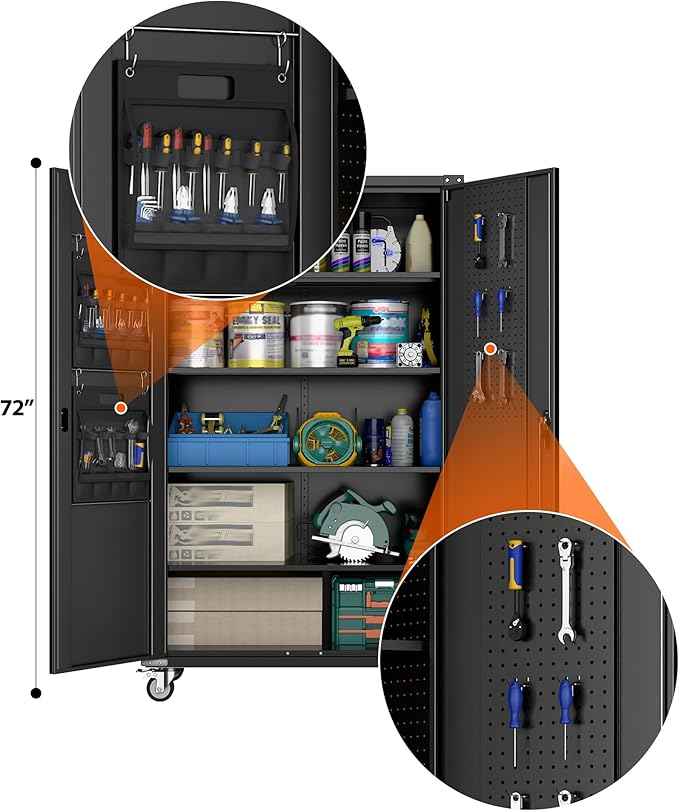 Aobabo Extra Large Cabinet with Wheels, Metal Storage Cabinet with Pegboards, 2 Handles Locking Doors and Adjustable Shelves, for Garage Office, Black, 43.3''W x 21.6''D x 72''H, Assembly Required