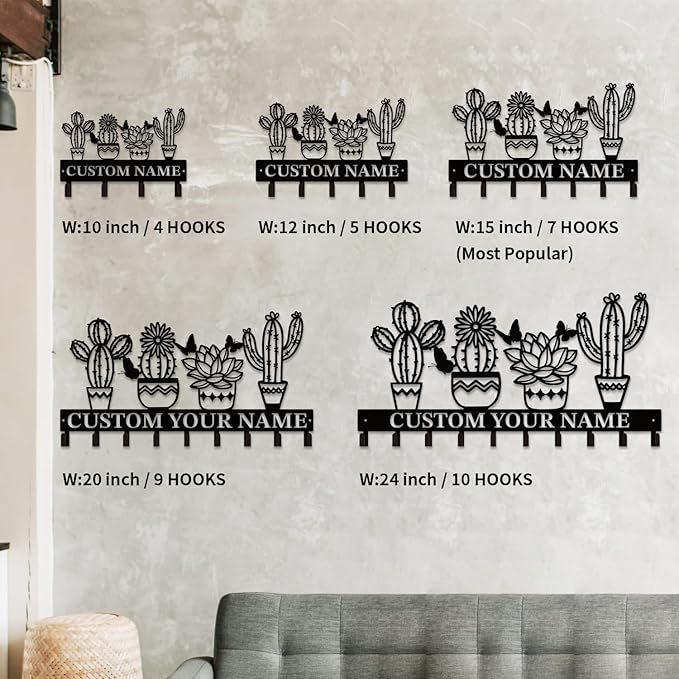 Personalized Custom Name Cactus Wall Keys Hooks,Metal Cactus Art Clothes Hooks,Metal Cactus Lover Wall Home Storage Decorative,For Front Door, Hallway, Kitchen, Bedroom,Keys,Hats (Style J)