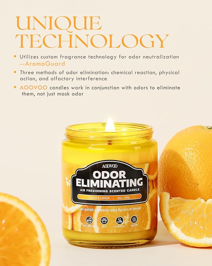 AOOVOO 4 Pack Citrus Lemon/Fantasy Ocean Odor Eliminating Highly Fragranced Candle - Eliminates 95% of Pet, Smoke, Food, and Other Smells Quickly, Non Toxic Air Freshing Soy Candle