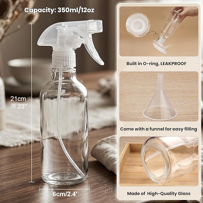 Hethyo Glass Spray Bottles 12oz Empty Spray Bottle Mist/Stream Spraying Small Refillable Containers for Hair Care, Cleaning Solutions, Plants, Essential Oils 1 Pack (Clear-1, 12oz)