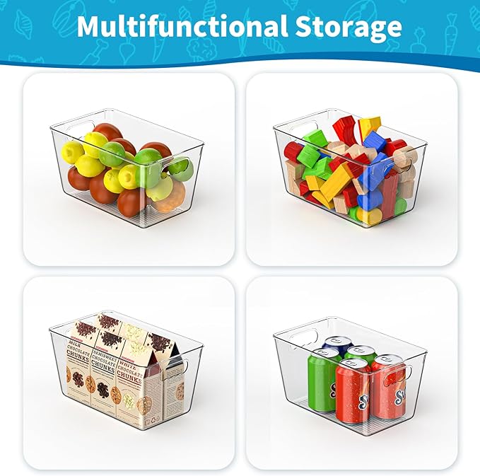 KJIXYUNG Clear Pantry Organizer Bins, Plastic Organizers & Storage Containers, Cabinet Organizer, Home Organization Must Haves for Kitchen, Laundry Room, Office, Closet & Freezer (4 Pack)