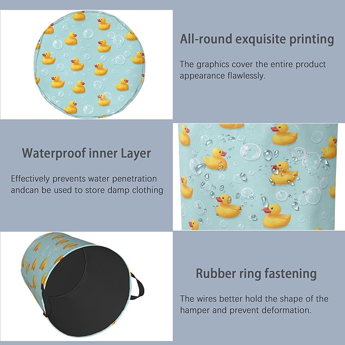 Cute Duck Laundry Basket,Foldable with Handles Tote Bag Oxford Cloth for Bathroom Bedroom Dirty Clothes Storage Bucket 16" x 20.8"