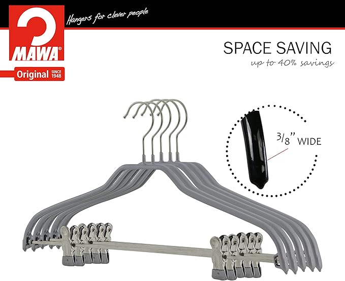 Mawa by Reston Lloyd Silhouette Series Non Slip Space Saving Hanger with Pant Clips, Style 40/FK,Set of 70, Silver