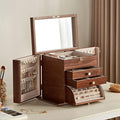 Black Walnut Wooden Jewelry Box, Wood Jewelry Organizer with 2 Side Doors Mirror Lockable Classical for Watch Necklace Ring Earring Valentine's Day Gifts-4 Layer with Curved Ring Grooves