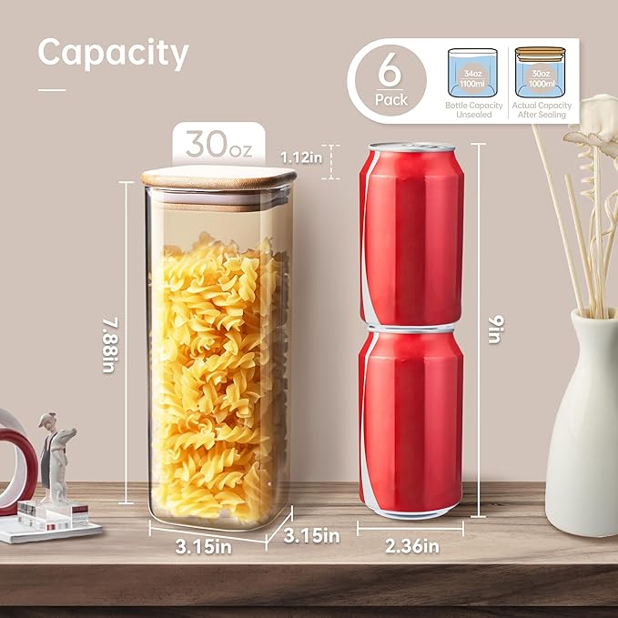 HomArtist Square Glass Jars with Bamboo Lids 30 FL OZ [Set of 6], Glass Canisters with Airtight Lid, Glass Food Storage Container for Pasta, Flour, Sugar, Rice, Best for Kitchen & Pantry
