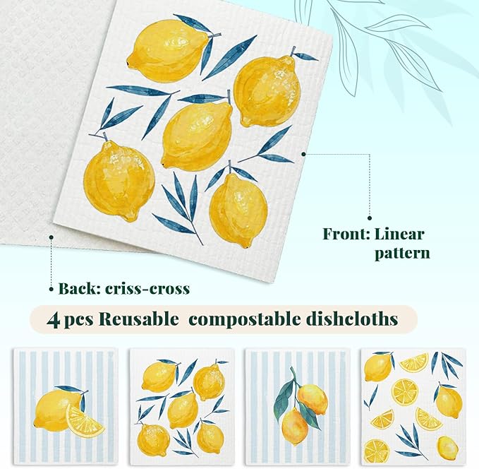 LARTSFRO Lemon Swedish Dishcloths for Kitchen, Swedish Dish Cleaning Cloths for Friut, Papaya Reusable Paper Towels, 4 Pack Dish Towels for Kitchen, Reusable Sponge Cloths Washable