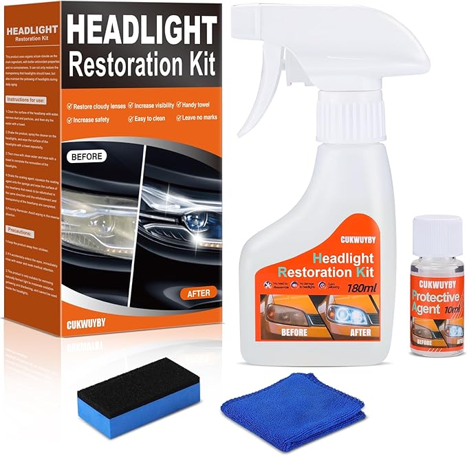 CUKWUYBY Headlight Restoration Kit Headlight Cleaner Head Light Cleaner Removing Yellowing Oxidized with Headlight Cleaner Coating Agent Sponge Towel (Scratches & Damages Cannot be Repaired)