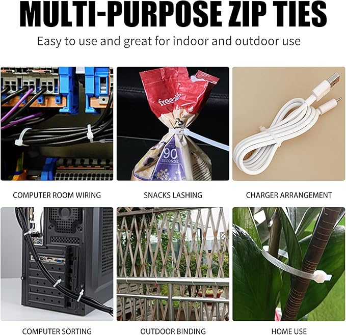 Cable Zip Ties,600 Piece Self-Locking Nylon Cable Ties,Assorted Sizes 4+6+8+10+12-Inch,Multi-Purpose Wire Management Plastic Ties,Perfect for Home,Garden,Office,Travel and Workshop.White