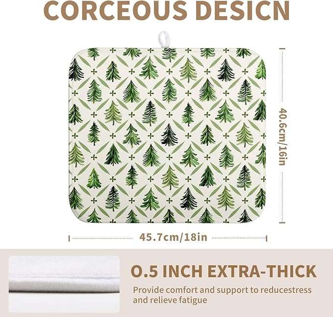 Wnoesat Christmas Dish Drying Mat for Kitchen Counter 16x18 Inch Sage Green Xmas Tree Drying Mats Winter Holiday Dish Drainer Pad Microfiber Absorbent Dish Draining Mat for Coffee Bar