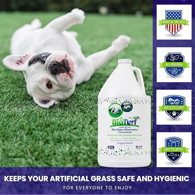BioTurf BioS+ Odor Eliminator Concentrate - Artificial Turf Cleaner for Dog Urine & Feces - Outdoor Yard Deodorizer Enzyme Odor Eliminator for Fake Grass, Patios, Kennels & Gravel - 1 Gallon