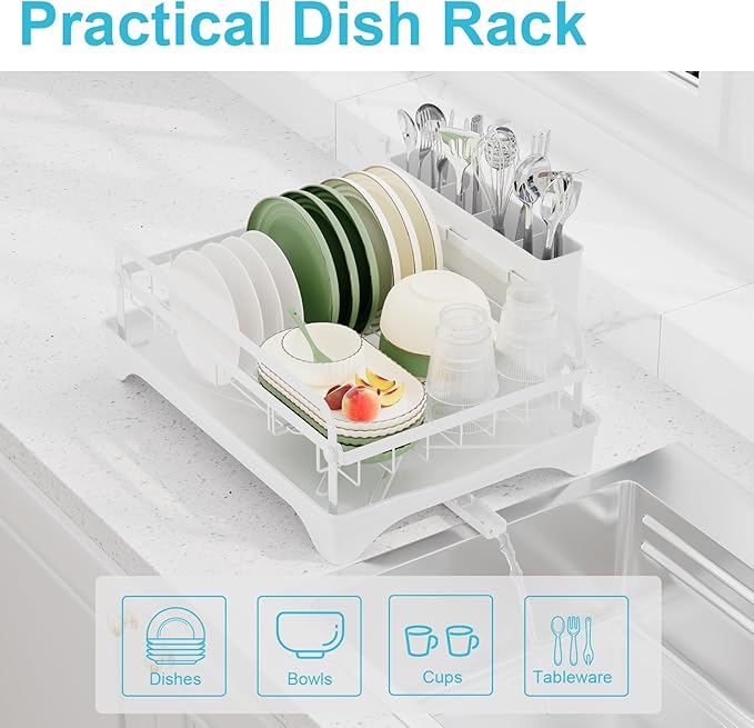 HOMEBOSILY Dish Drying Rack for Kitchen Counter - Large Capacity Dish Drying Rack with Drainboard, Kitchen Sink Dish Rack, Countertop Dish Drainer Rack with Cutlery Holders Dish Dryer Rack White