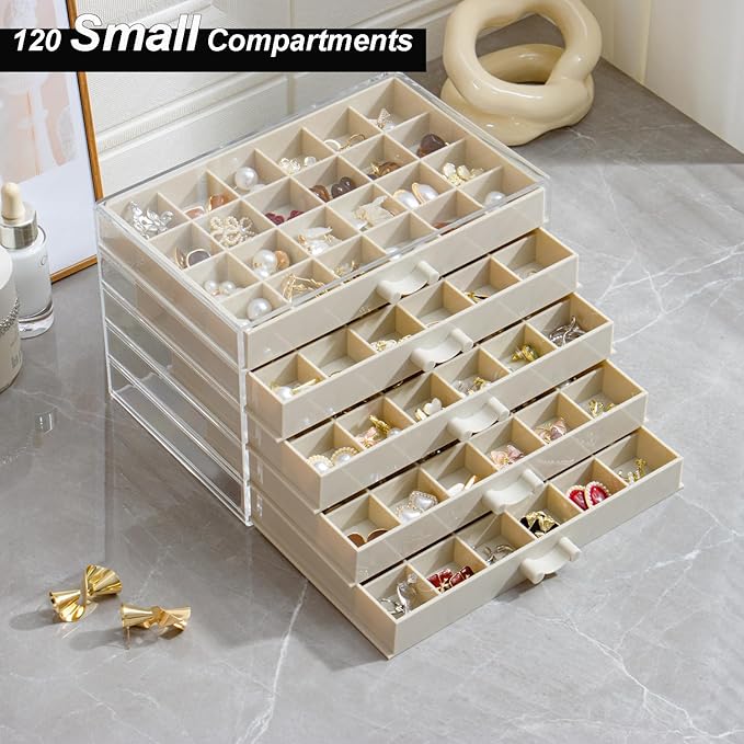 Earring Storage Box Organizer, Acrylic Jewelry Storage Box Holder 5 Drawers Transparent Jewelry Display Stand with 120 Small Compartments Gift Boxes for Women Girls (Beige)