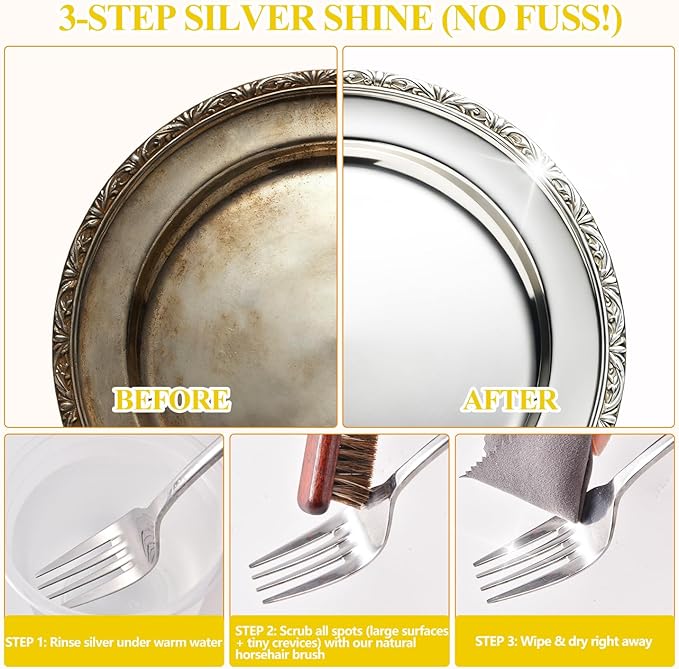 Horsehair Silver Brush Jewelry Cleaning Cloth Set - Detailing Brush for Silverware - Silver Polishing Cloth for Sterling, Cutlery, Metal - Perfect Match for Silver Polish