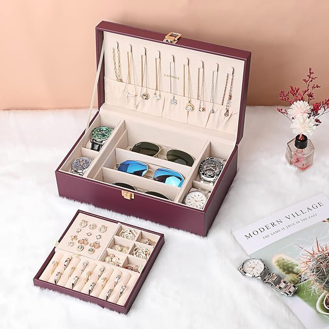 LANDICI Jewelry Box Organizer for Women, 2 Layer 4 Slot Watch Storage Case with Removable Tray, PU Leather Large Jewellery Holder Display for Watches Sunglasses Rings Earrings Necklace, Purple