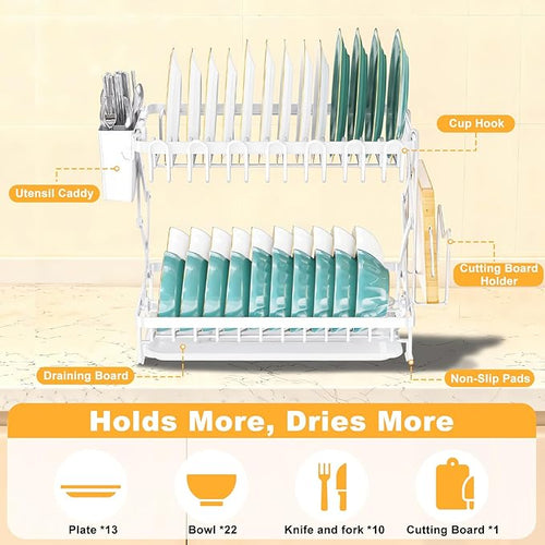 2-Tier Dish Racks for Kitchen Counter, Large Dish Drainers for Kitchens Counter Stainless Steel Kitchen Dishes Drying Rack, Space Saving Dishes Strainer for Bowl, Plate, Cup - Modern Counter Organizer