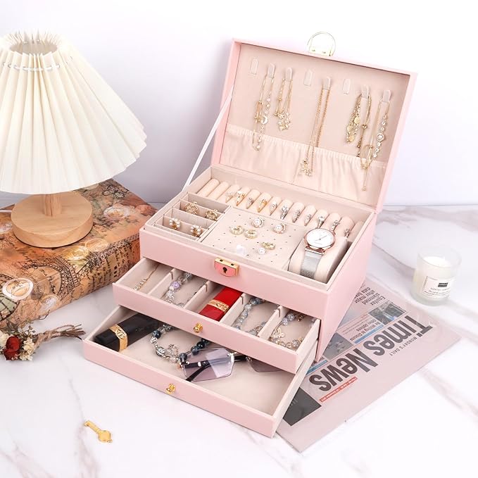 3 Layer Jewelry Box with Drawers, Lockable Jewelry Organizer for Necklace Earring Ring Bracelet Watch, PU Leather Storage, Pink