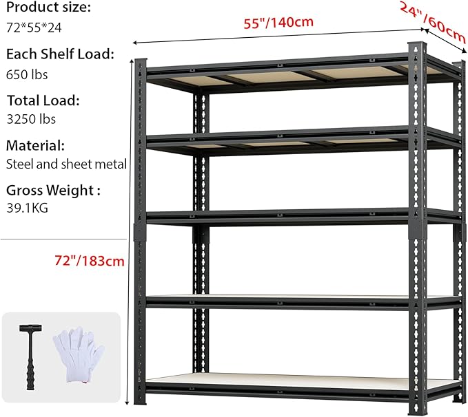 CXDMB 5 Tier Garage Shelving, Adjustable Heavy Duty Garage Shelves,Metal Storage Shelves Unit for Basement,Warehouse,Pantry Kitchen